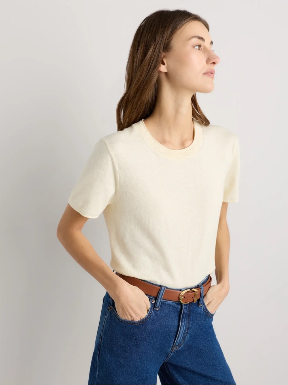 QUINCE Cotton Cashmere Relaxed Sweater Tee in Pale Custard